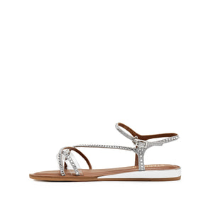 Silver Crystal Cross Strap Flat Sandals