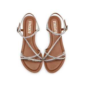 Silver Crystal Cross Strap Flat Sandals