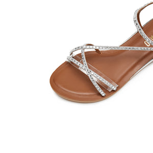 Silver Crystal Cross Strap Flat Sandals