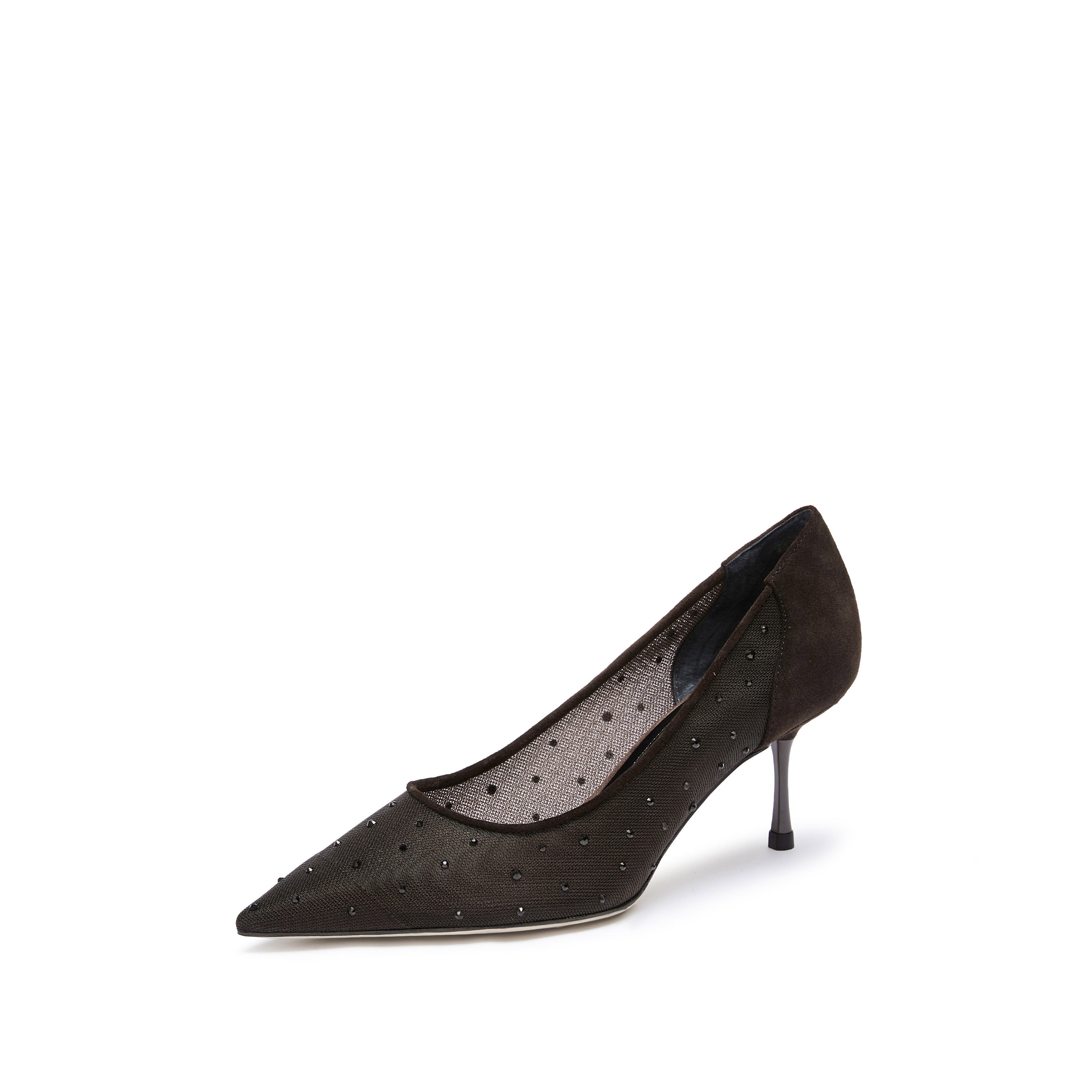 Dark Brown Mesh Crystal Pointy Pumps