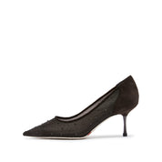 Dark Brown Mesh Crystal Pointy Pumps