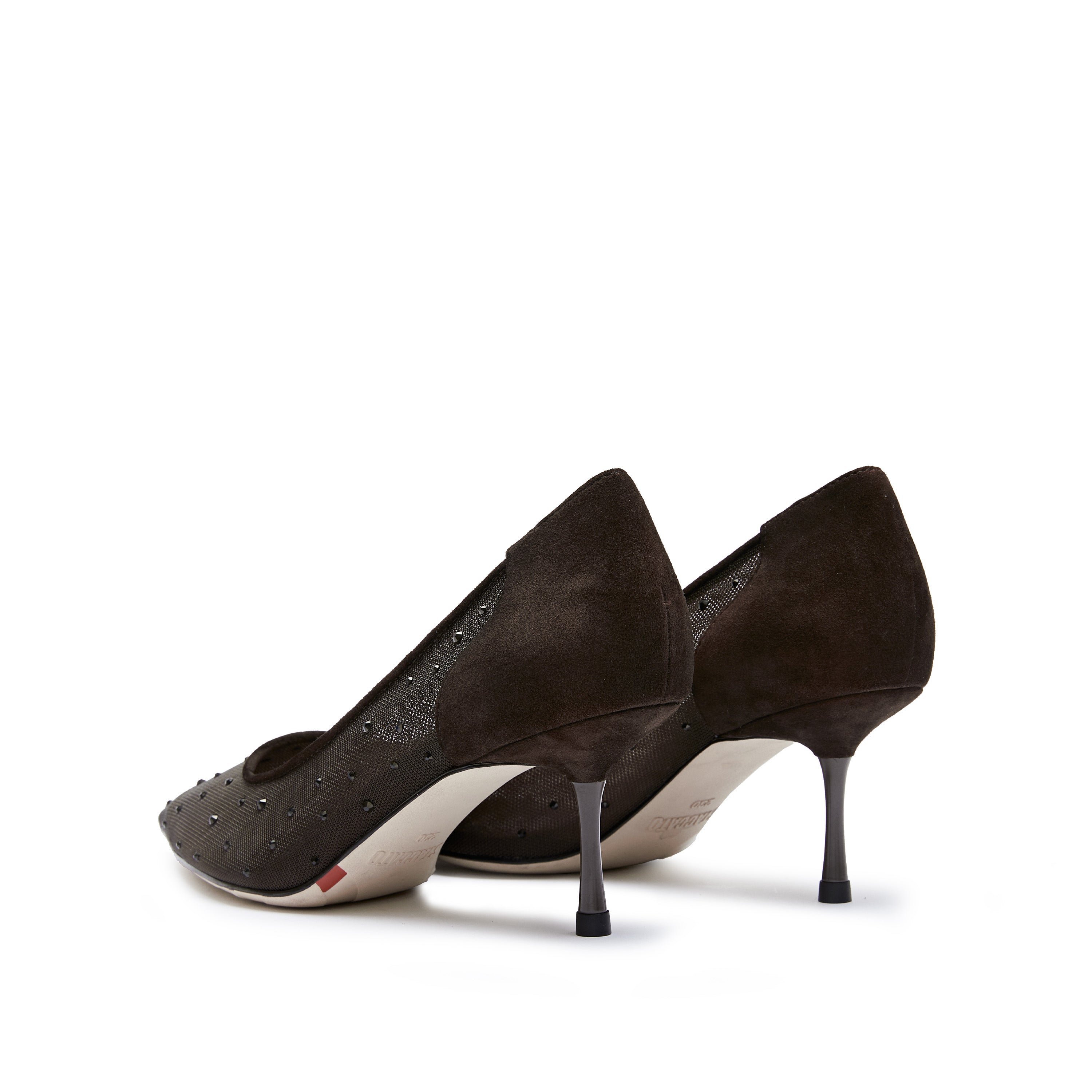 Dark Brown Mesh Crystal Pointy Pumps