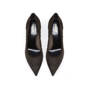 Dark Brown Mesh Crystal Pointy Pumps
