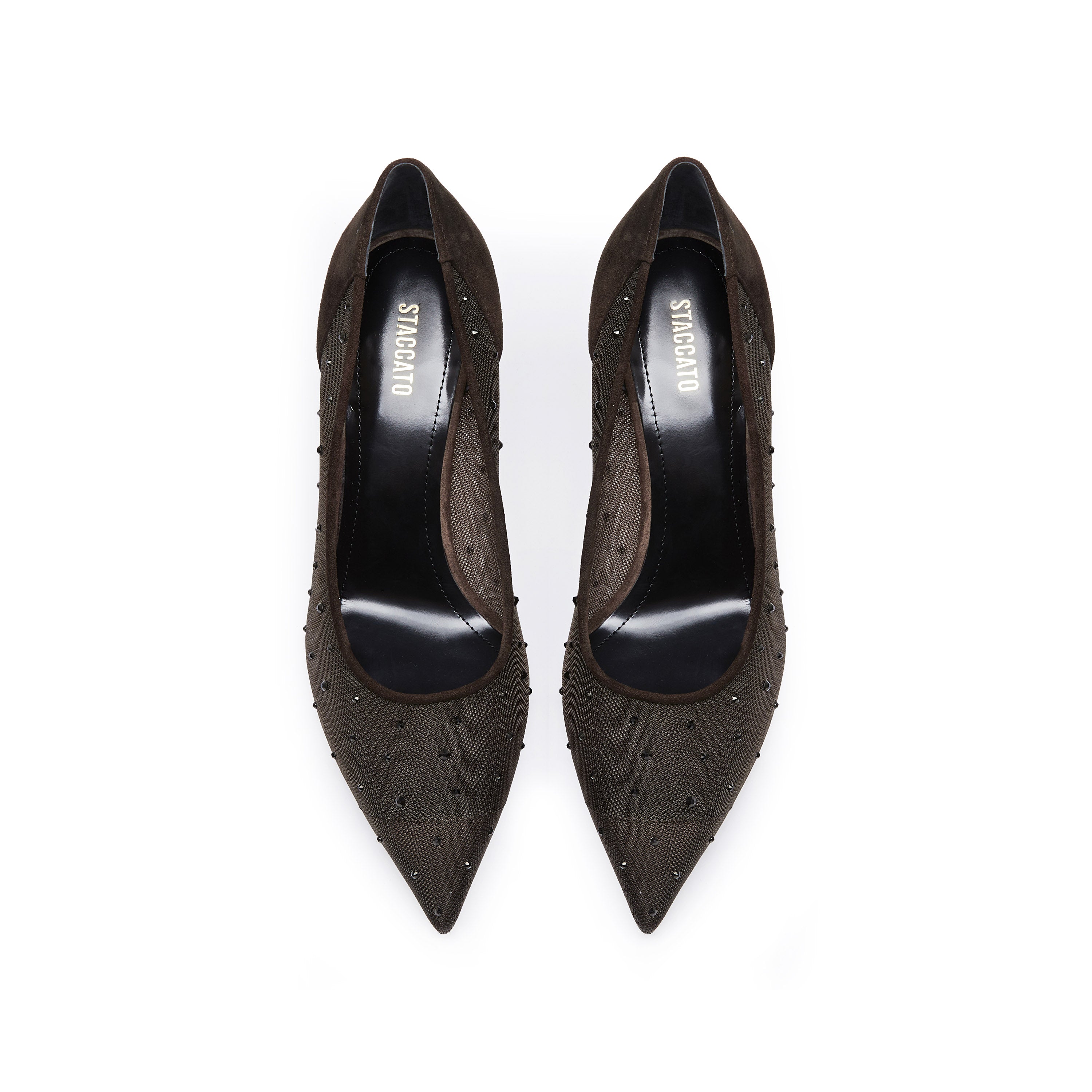 Dark Brown Mesh Crystal Pointy Pumps