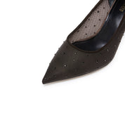 Dark Brown Mesh Crystal Pointy Pumps