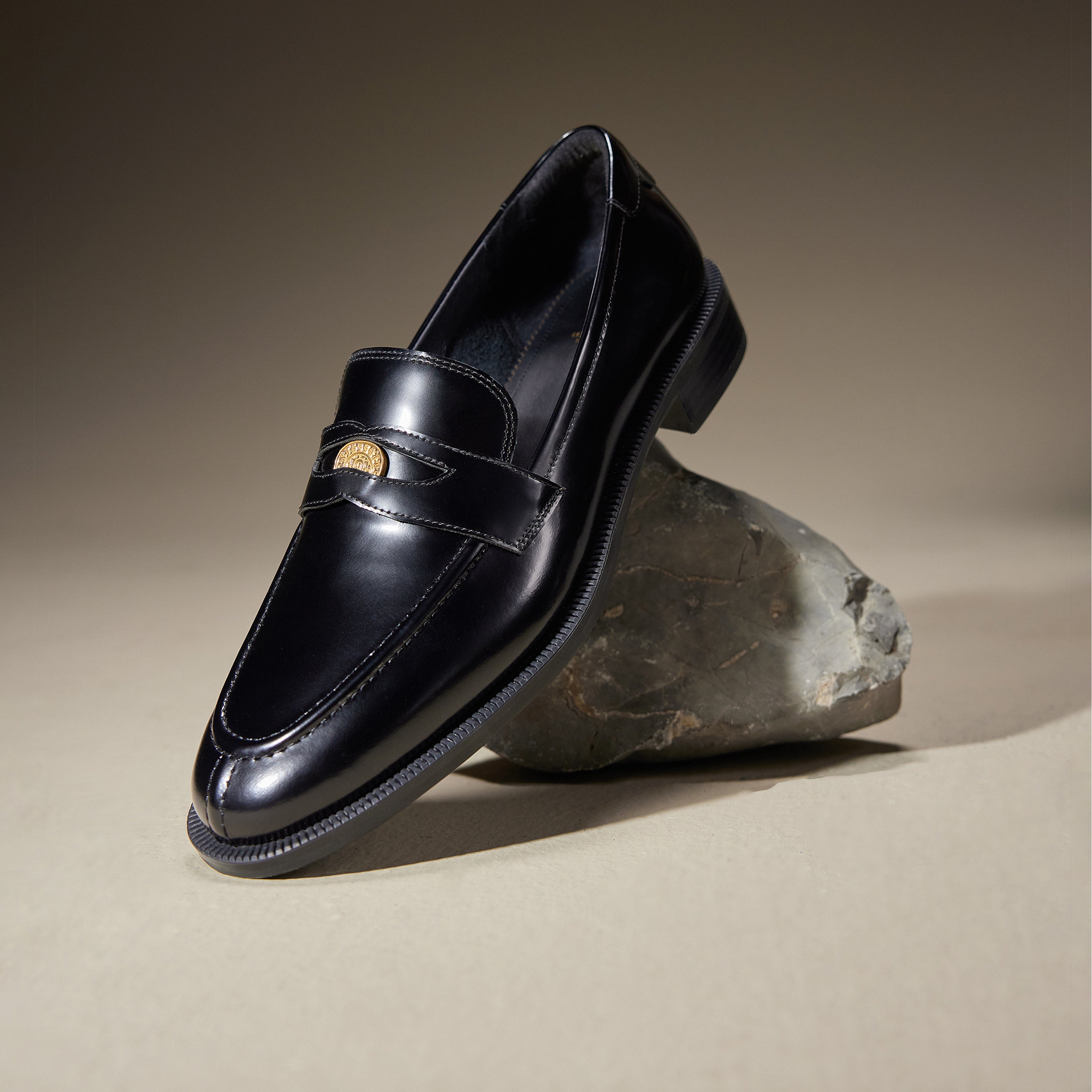 Black Signature Golden Leaf Penny Loafers