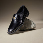 Load image into Gallery viewer, Black Signature Golden Leaf Penny Loafers
