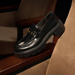 Load image into Gallery viewer, Black Signature Golden Leaf Leather Loafers
