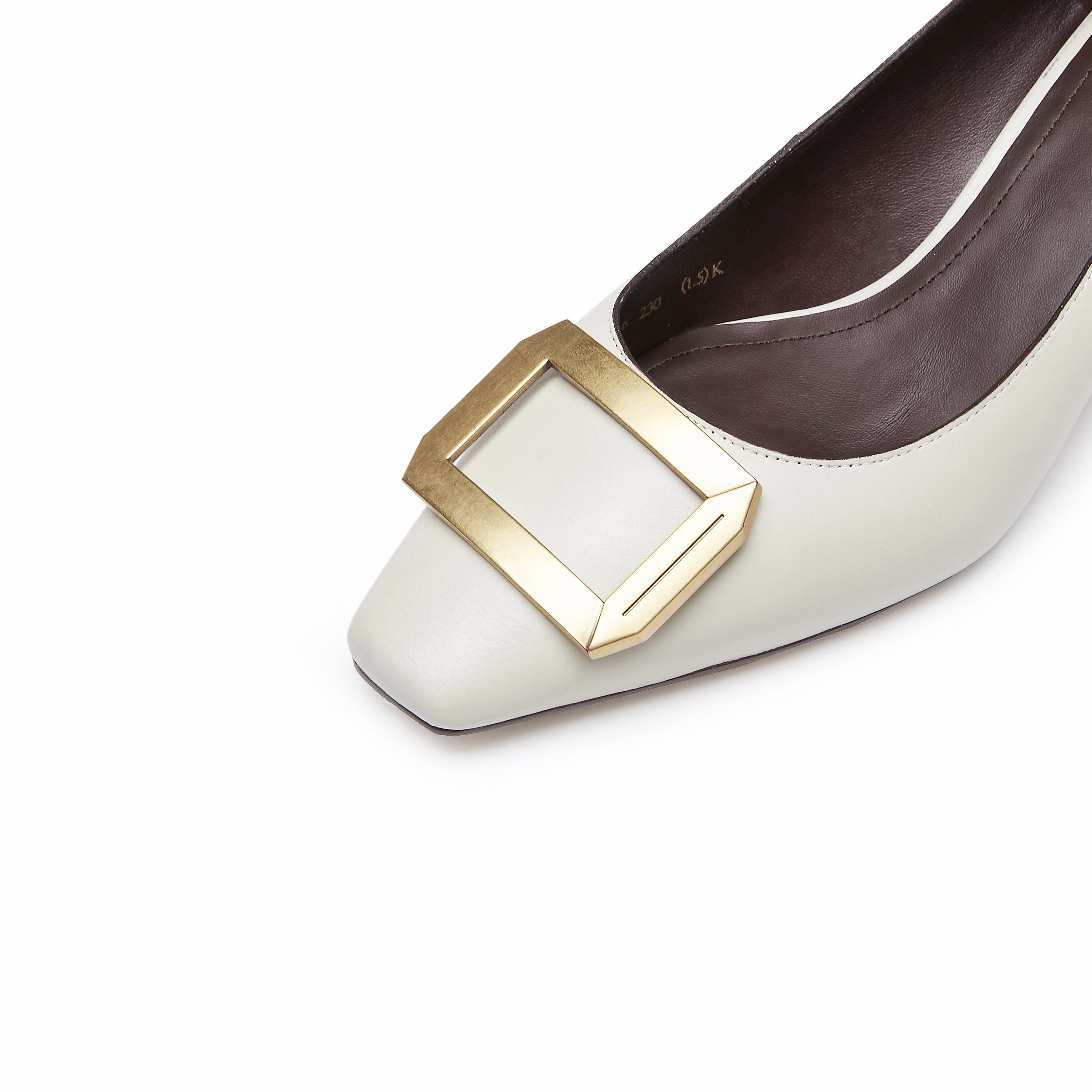 Beige Waxy Square Buckle Workwear Pumps