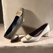 Beige Waxy Square Buckle Workwear Pumps