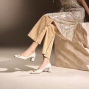 Beige Waxy Square Buckle Workwear Pumps