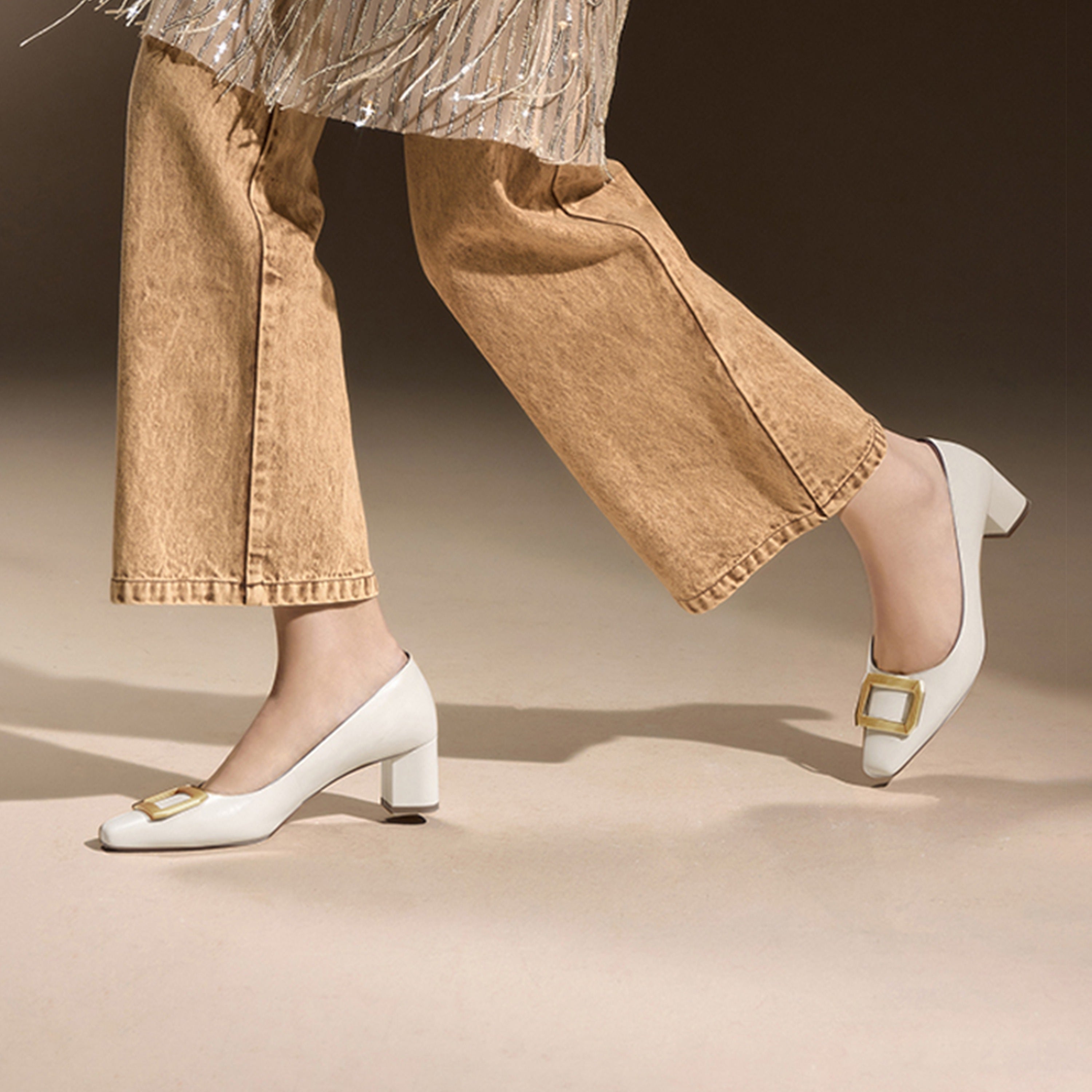 Beige Waxy Square Buckle Workwear Pumps