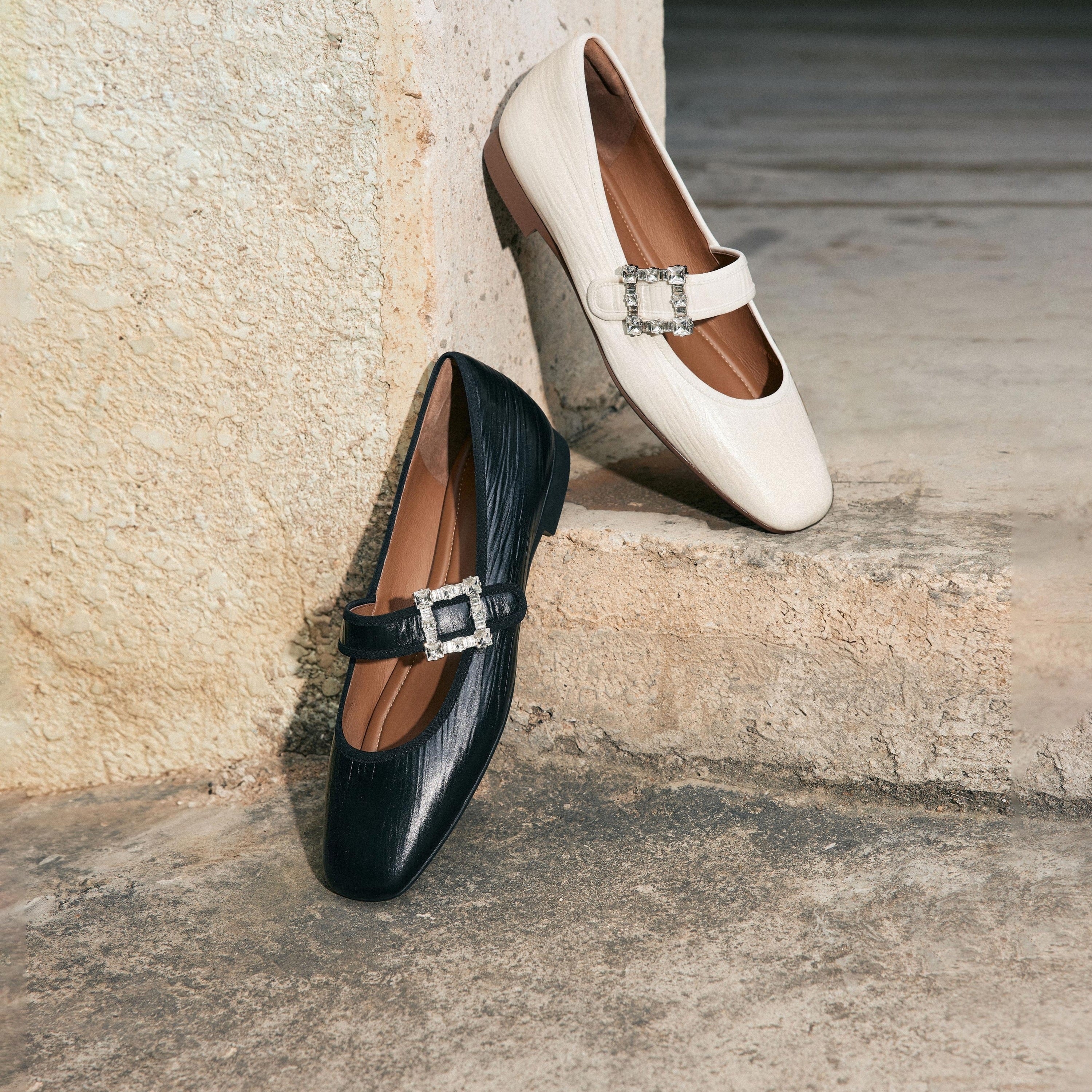 Beige Crystal buckle Mary Jane Flats