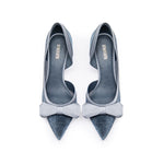 Load image into Gallery viewer, Gray Blue Meshed Pointy Bow Pumps
