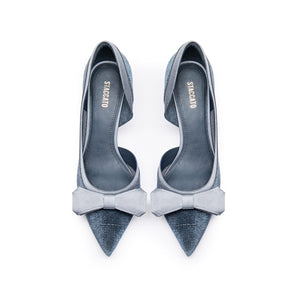 Gray Blue Meshed Pointy Bow Pumps