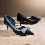 Load image into Gallery viewer, Gray Blue Meshed Pointy Bow Pumps
