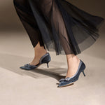 Load image into Gallery viewer, Gray Blue Meshed Pointy Bow Pumps
