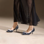 Load image into Gallery viewer, Black Meshed Pointy Bow Pumps
