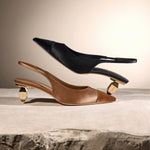 Load image into Gallery viewer, Black Silk Golden Heel Slingback Pumps
