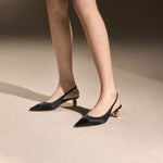 Load image into Gallery viewer, Black Silk Golden Heel Slingback Pumps
