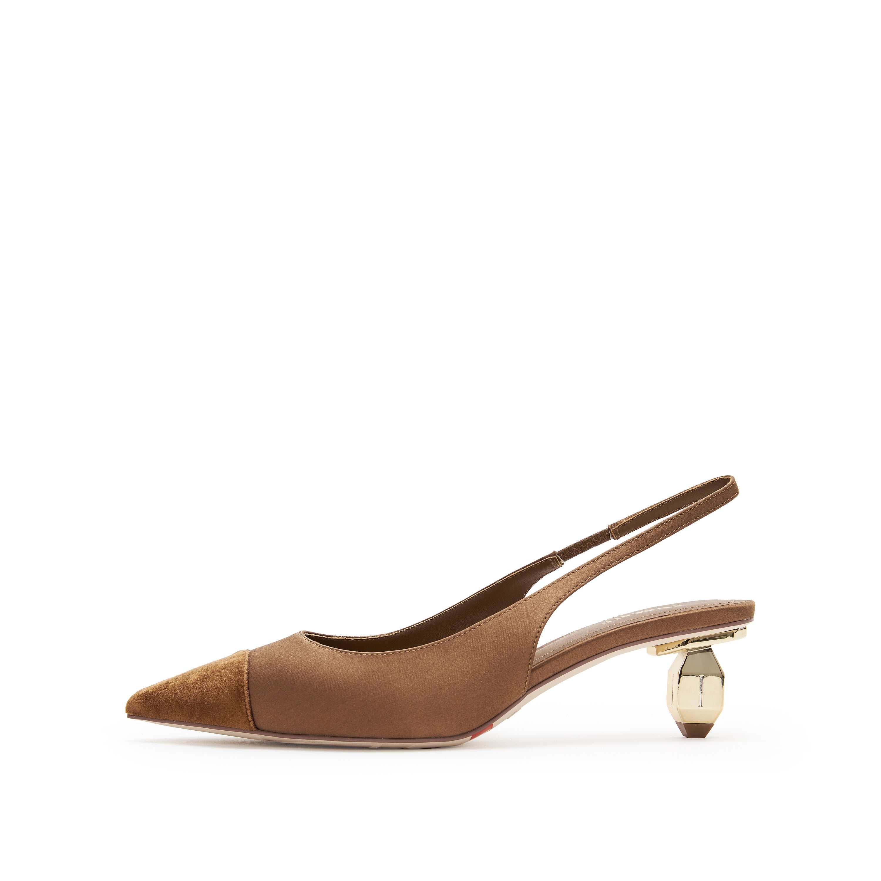 Caramel Silk Golden Heel Slingback Pumps