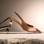 Caramel Silk Golden Heel Slingback Pumps