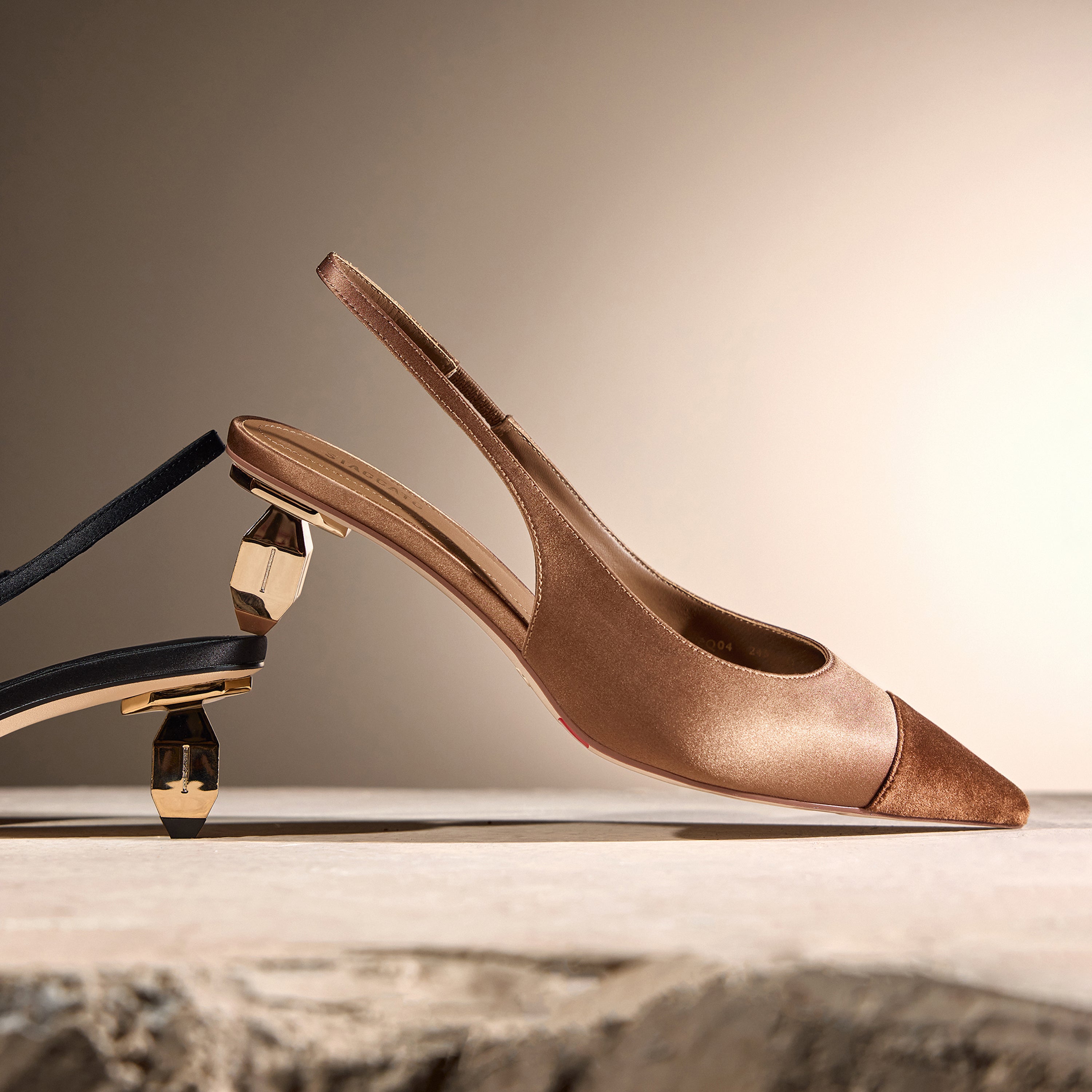 Caramel Silk Golden Heel Slingback Pumps