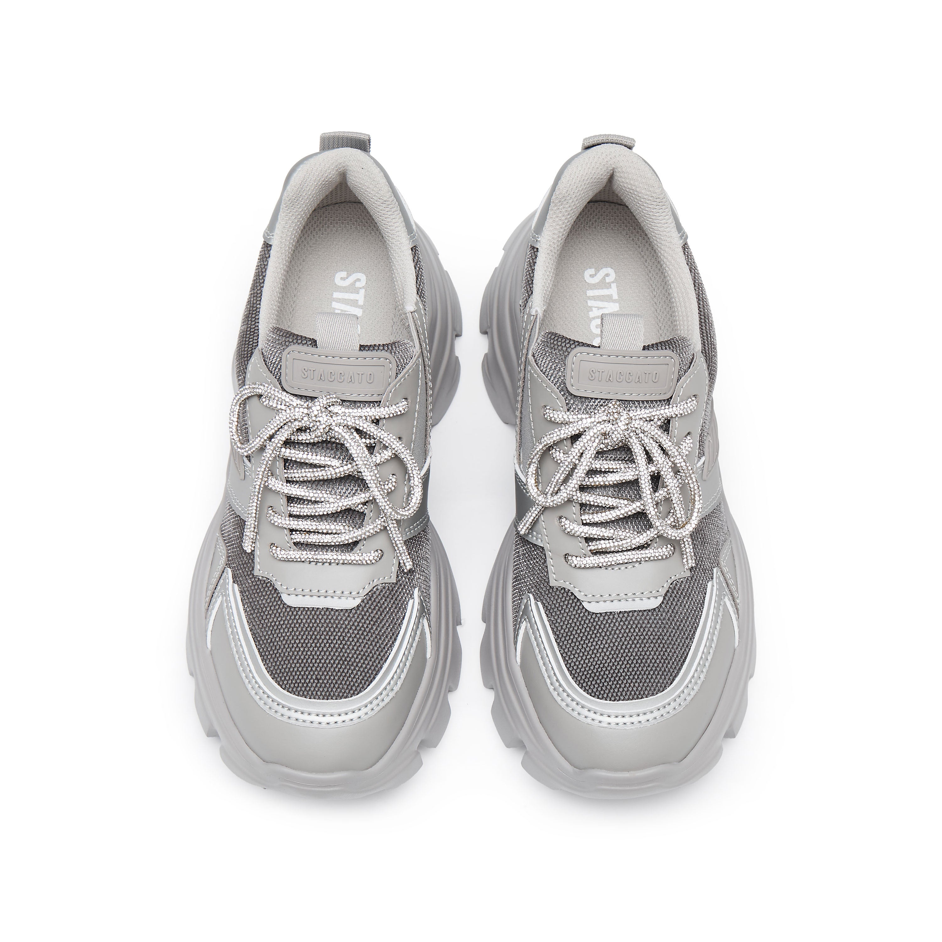 Grey Tone Crystal Lace Up Chunky Sneakers