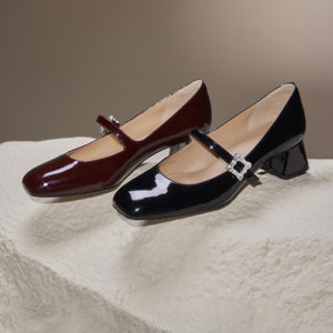 Burgundy Crystal buckle Mary Jane Pumps