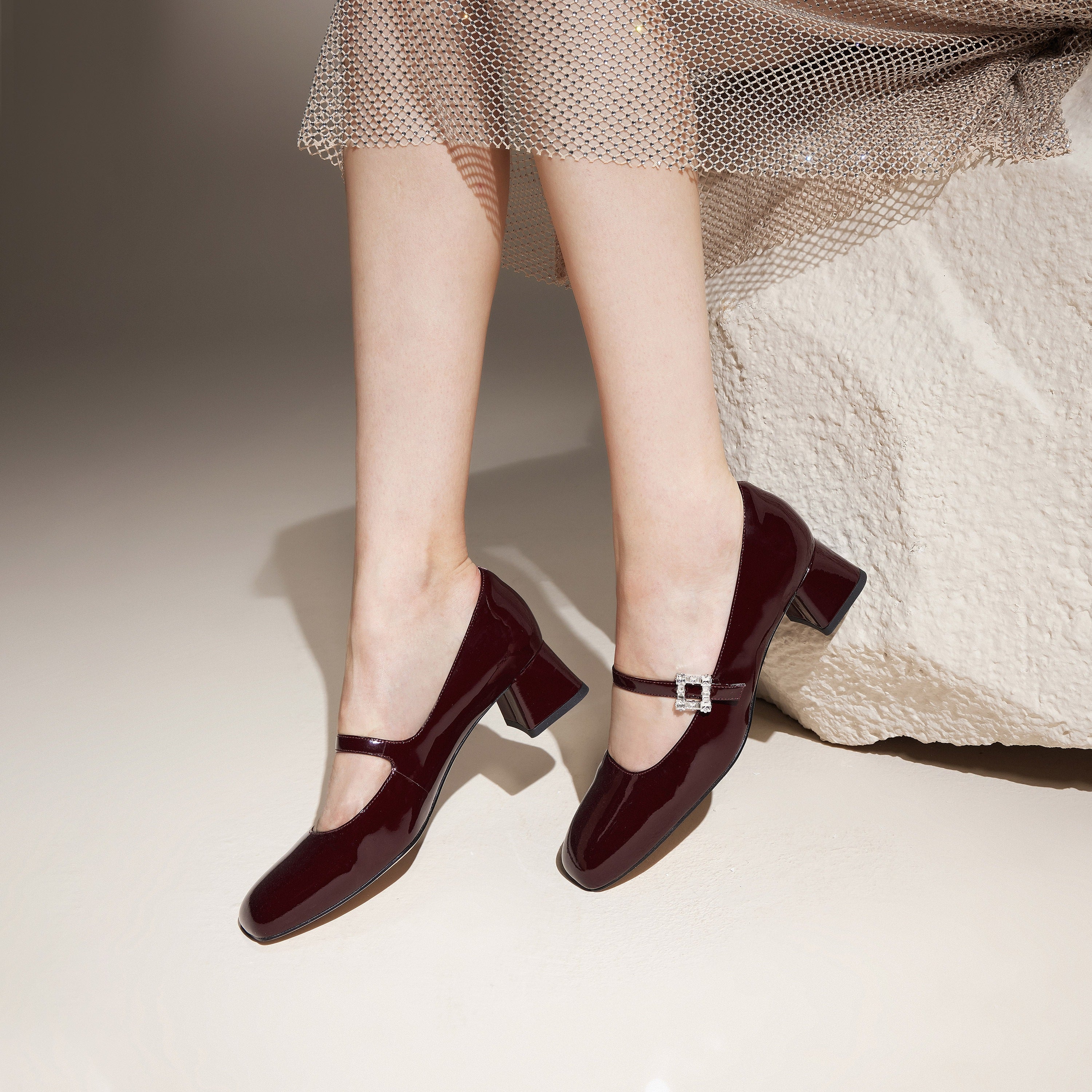 Burgundy Crystal buckle Mary Jane Pumps