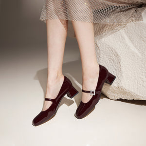 Burgundy Crystal buckle Mary Jane Pumps