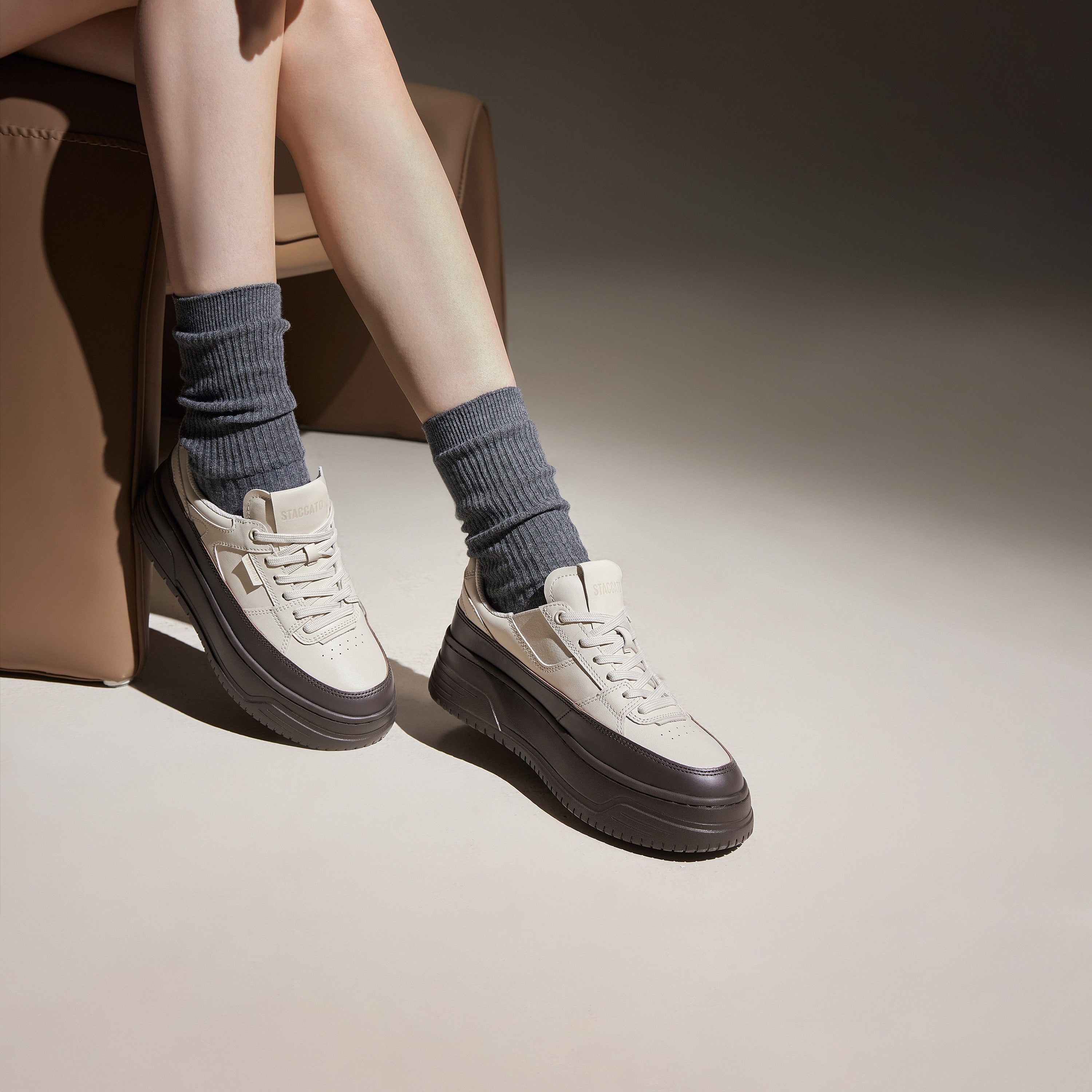 Beige Platform Two-tone Leather Sneakers