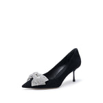 Load image into Gallery viewer, Black Crystal Bow Suede Pumps
