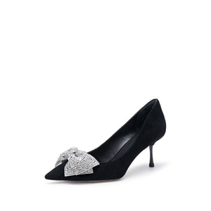 Black Crystal Bow Suede Pumps