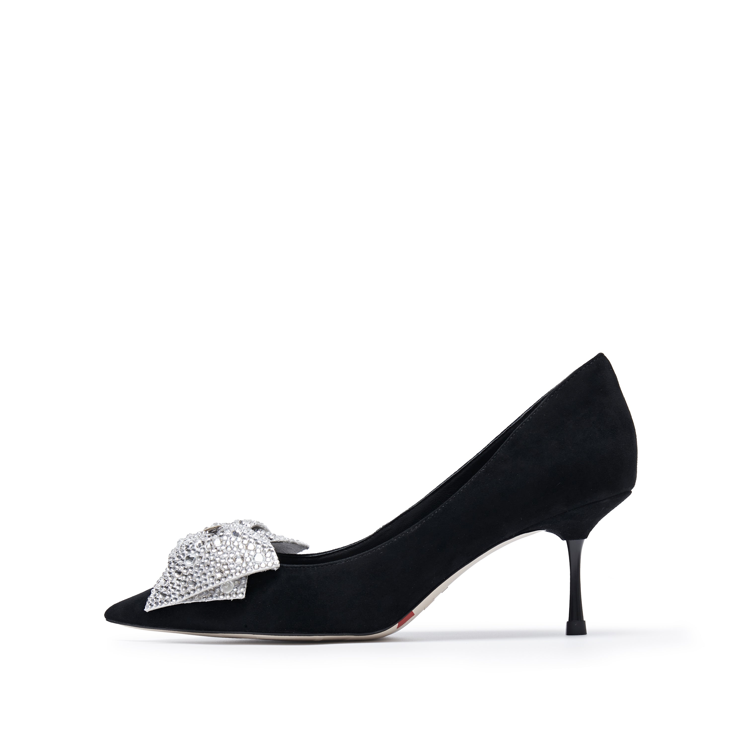 Black Crystal Bow Suede Pumps