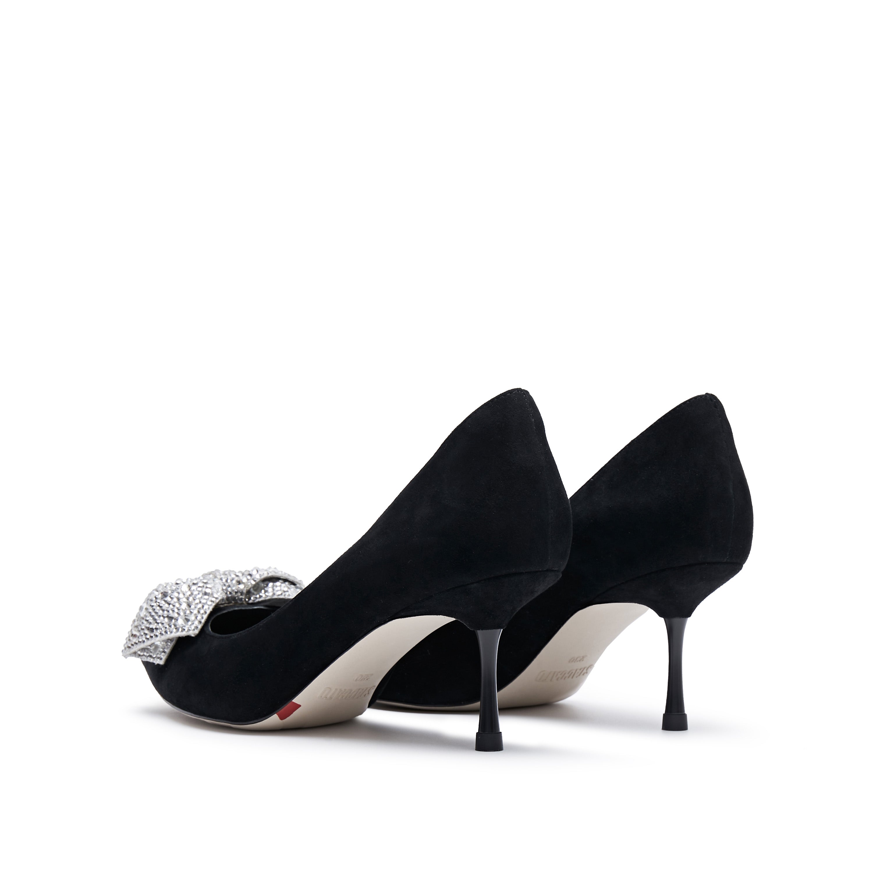 Black Crystal Bow Suede Pumps