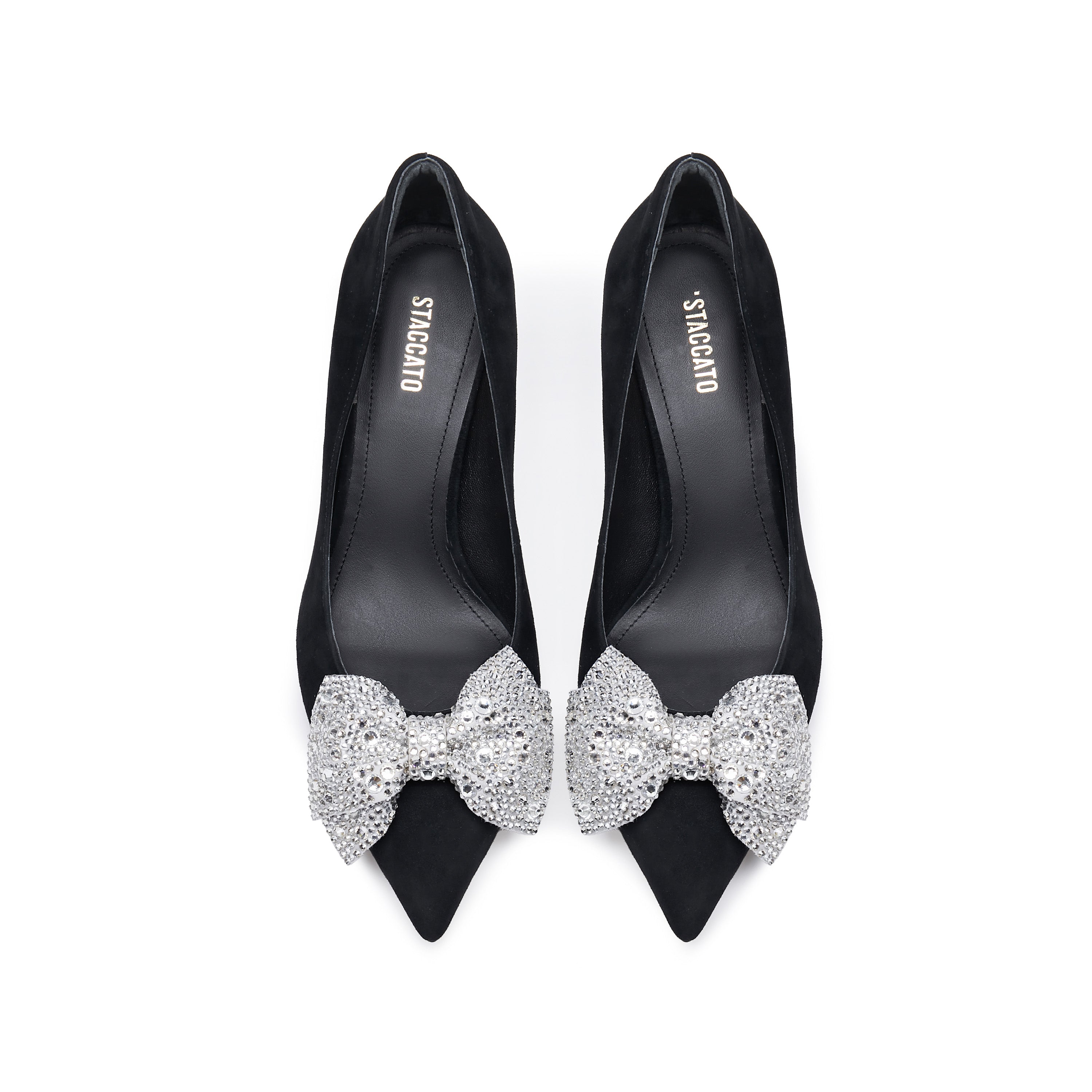 Black Crystal Bow Suede Pumps