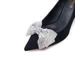 Load image into Gallery viewer, Black Crystal Bow Suede Pumps
