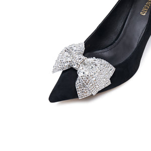 Black Crystal Bow Suede Pumps