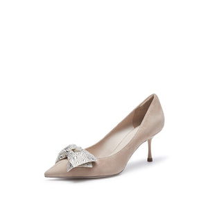 Light Brown Crystal Bow Suede Pumps