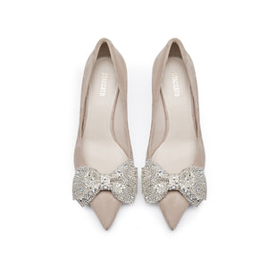 Light Brown Crystal Bow Suede Pumps