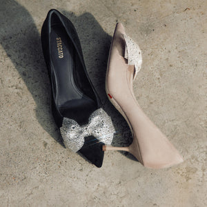 Light Brown Crystal Bow Suede Pumps