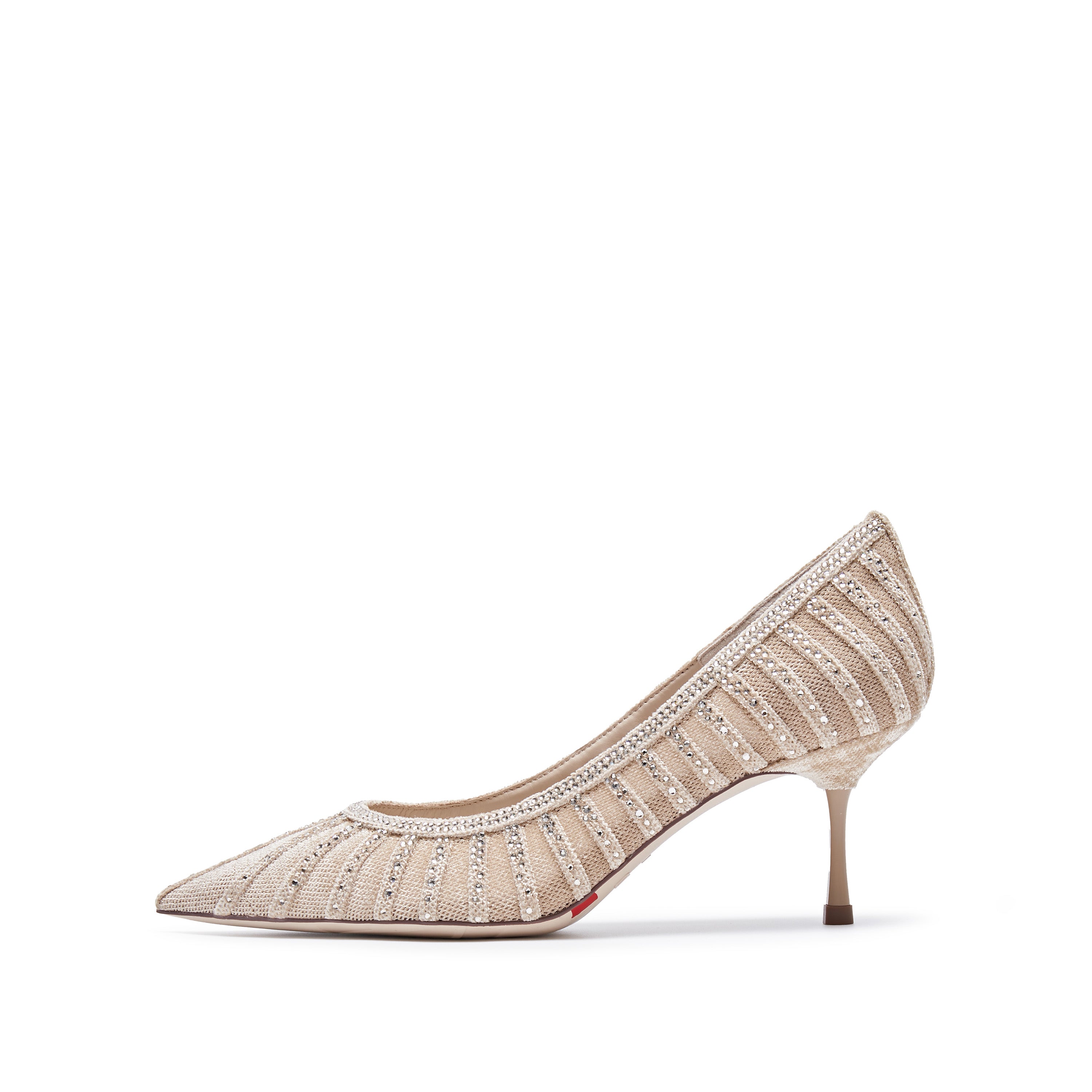 Taupe lined Crystal-embellished Mesh Pumps