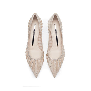 Taupe lined Crystal-embellished Mesh Pumps