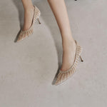 Load image into Gallery viewer, Taupe lined Crystal-embellished Mesh Pumps
