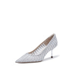 Load image into Gallery viewer, White lined Crystal-embellished Mesh Pumps
