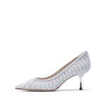 Load image into Gallery viewer, White lined Crystal-embellished Mesh Pumps
