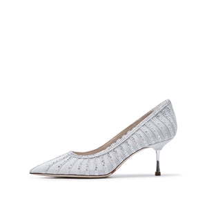 White lined Crystal-embellished Mesh Pumps