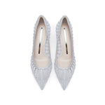 Load image into Gallery viewer, White lined Crystal-embellished Mesh Pumps
