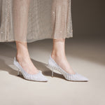 Load image into Gallery viewer, White lined Crystal-embellished Mesh Pumps
